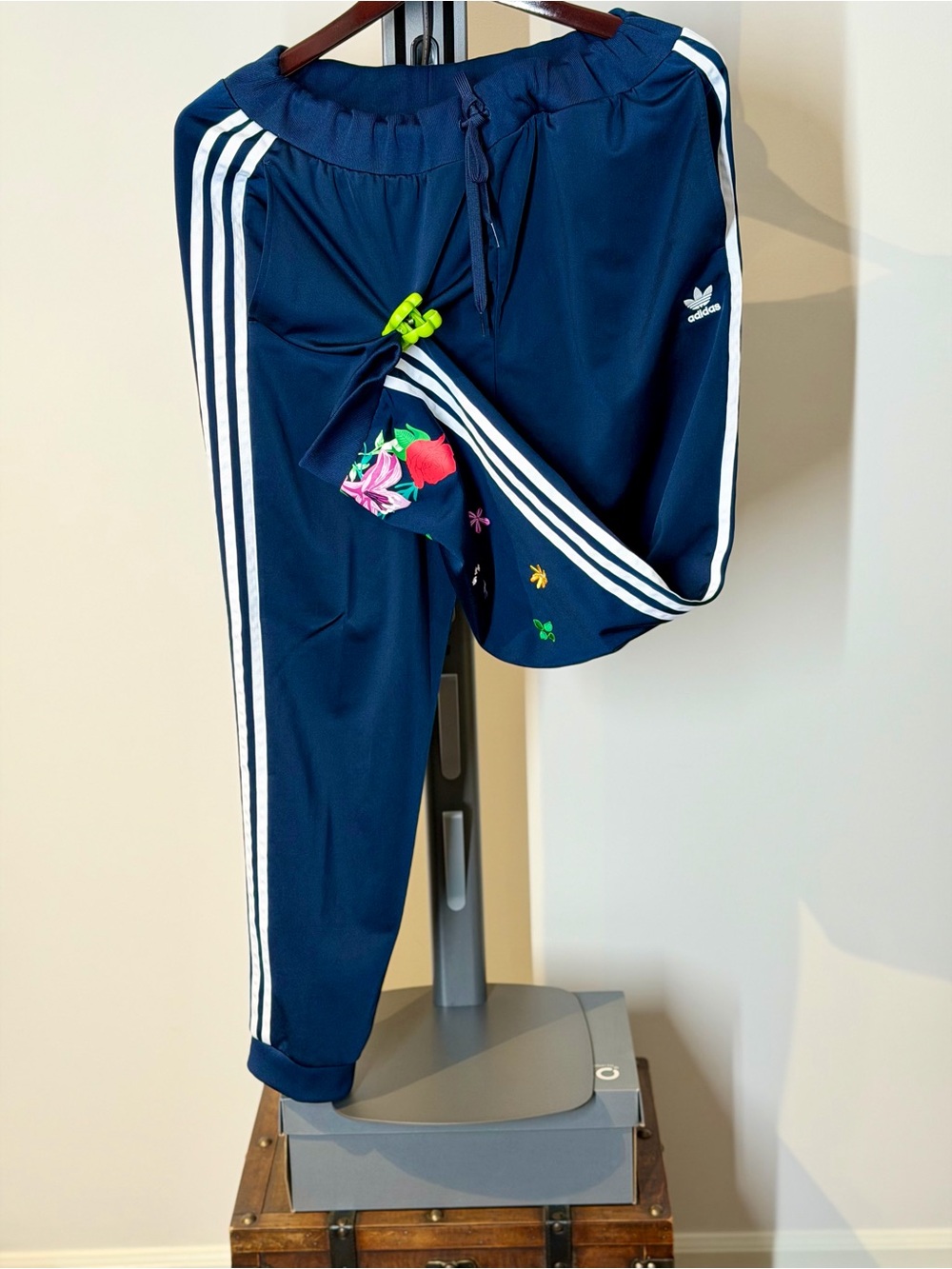 adidas Navy Blue Kids Joggers with White Stripes and Floral Accent